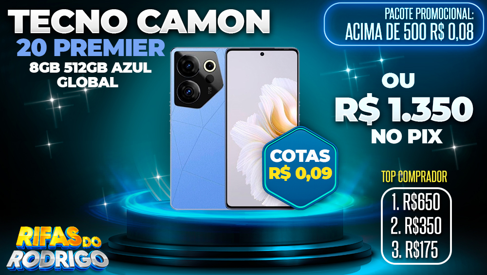 TECNO CAMON 20 PREMIER 8GB 512GB GLOBAL AZUL OU R$1.350 NO PIX! TOP COMPRADORES: 1.R$650 2.R$350 3.R$175
