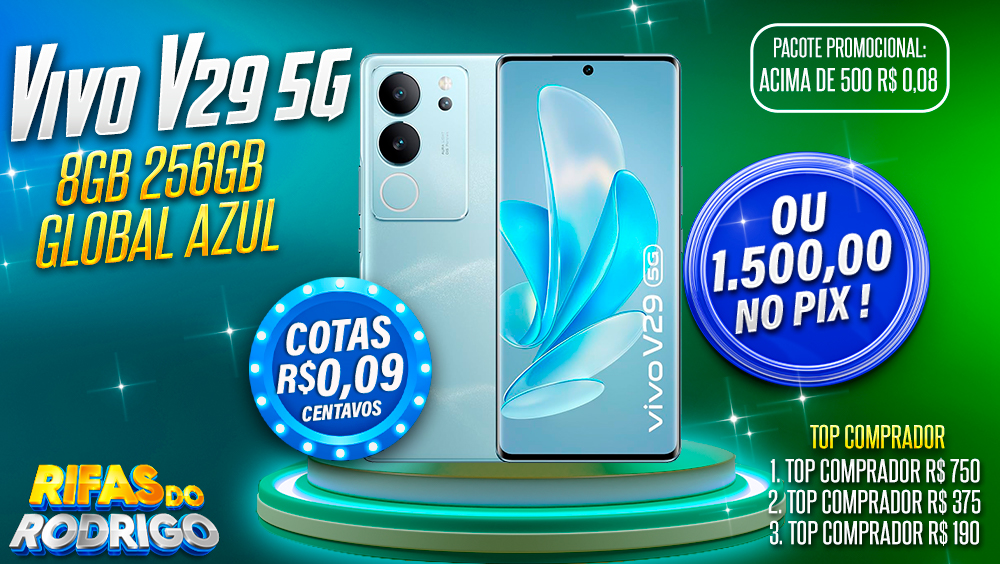 VIVO V29 5G 8GB 256GB AZUL GLOBAL OFICIAL OU R$1.500 NO PIX! TOP COMPRADORES: 1.R$750 2.R$375 3.R$190