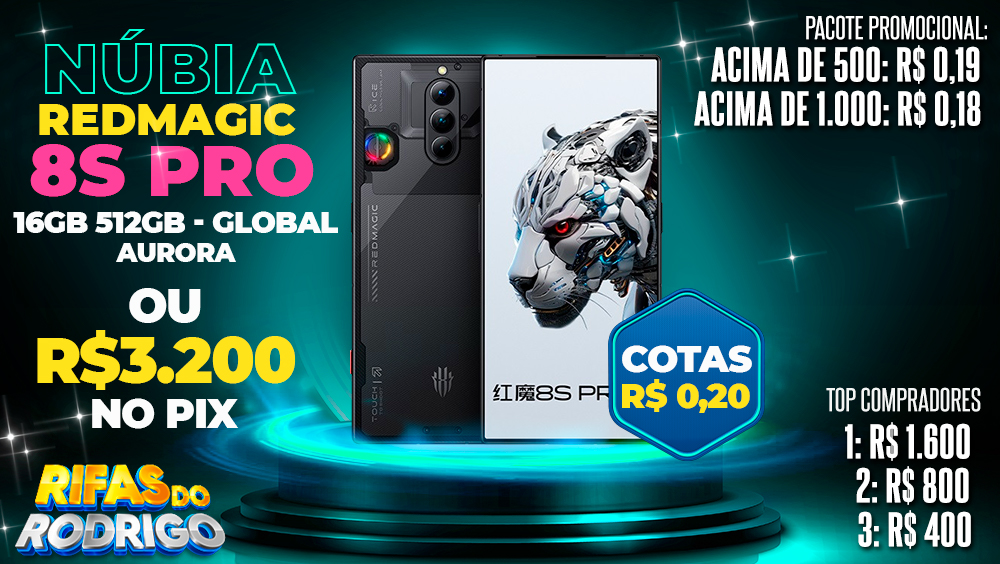 NUBIA REDMAGIC 8S PRO 16GB 512GB GLOBAL AURORA OU R$3.200 NO PIX! TOP COMPRADORES: 1.R$1.600 2.R$800 3.R$400