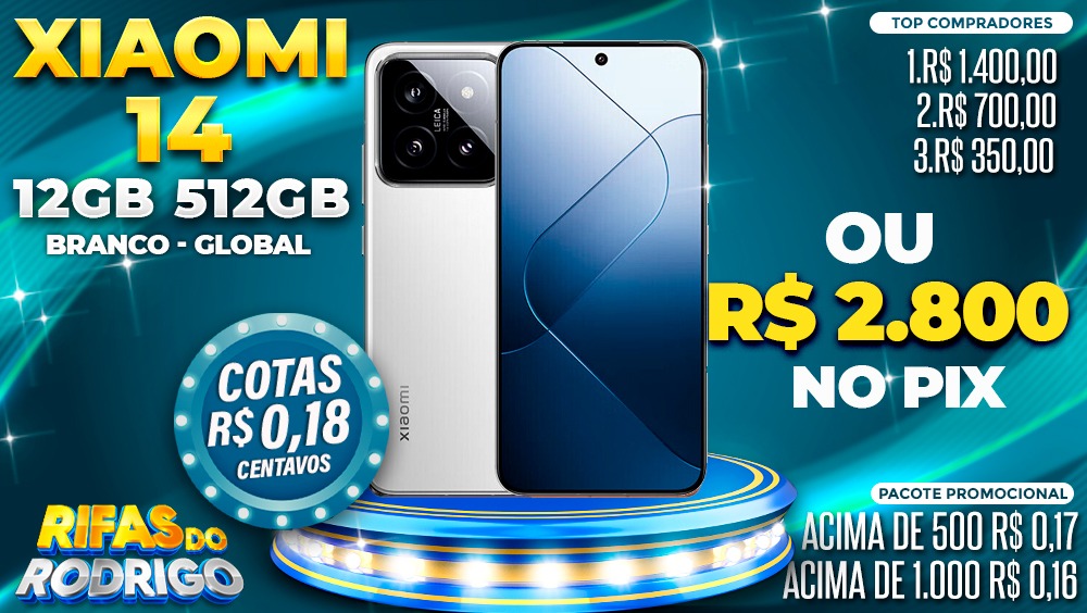 XIAOMI 14 12GB 512GB GLOBAL BRANCO OU R$2.800 NO PIX! TOP COMPRADORES: 1.R$1.400 2.R$700 3.R$375
