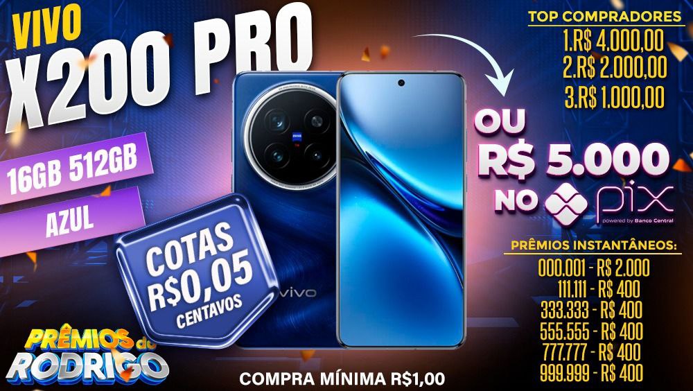 VIVO X200 PRO 16GB 512GB AZUL COM FRETE E TAXAS INCLUSAS, OU R$5.000 NO PIX! TOP COMPRADORES: 1.R$4.000 2.R$2.000 3.R$1.000