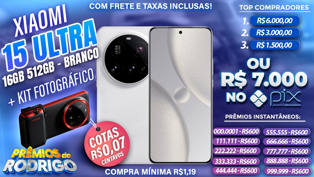 XIAOMI 15 ULTRA 16GB 512GB GLOBAL BRANCO + KIT FOTOGRAFICO COM FRETE E TAXAS INCLUSAS, OU R$7.000 NO PIX!