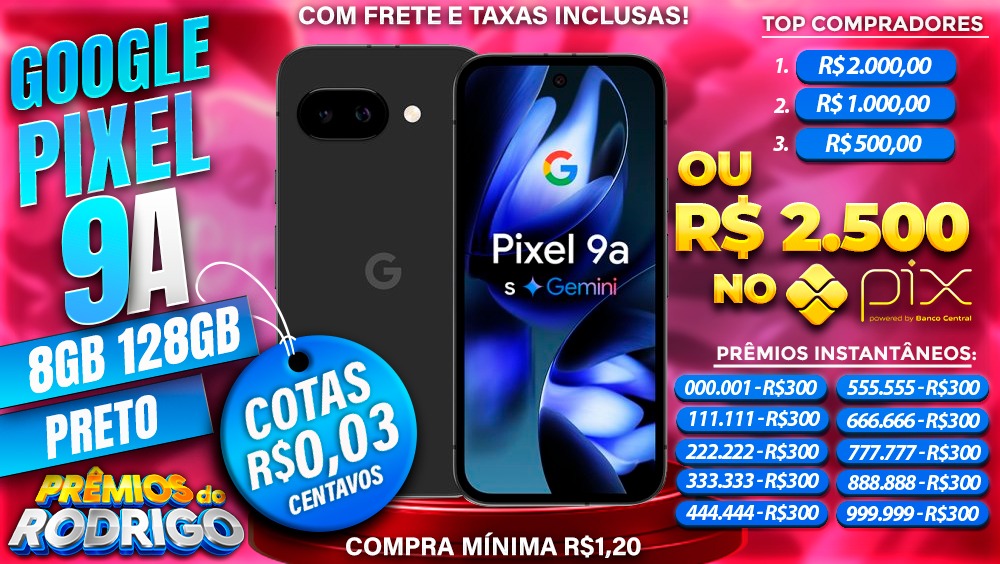 GOOGLE PIXEL 9A 8GB 128GB PRETO COM FRETE E TAXAS INCLUSAS OU R$2.500 NO PIX!