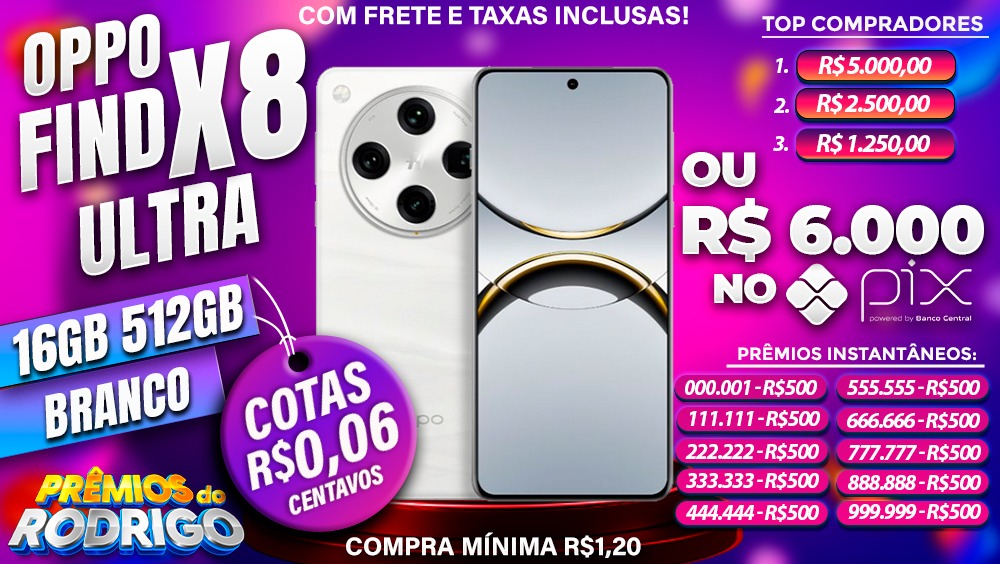 OPPO FIND X8 ULTRA 16GB 512GB BRANCO COM FRETE E TAXAS INCLUSAS, OU R$6.000 NO PIX!