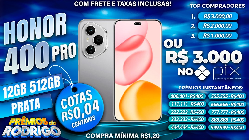 HONOR 400 PRO 12GB 512GB PRATA COM FRETE E TAXAS INCLUSAS OU R$3.000 NO PIX!